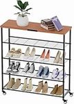 Simple Trending-5 Tier Extra Large Shoe Rack, Rolling Shoe Storage Organizer and Heavy Duty Casters with Brake for Closet Entryway, Steel Frame, Industrial, Rustic Wood and Black