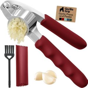 GORILLA GRIP Garlic Press and Peel Set, Heavy Duty Mincer Tool, Large Ergonomic Handle, Easily Mince and Crush Garlics, Ginger, Nuts, Seeds, Peeler Included, Peeling Cloves, Kitchen Gadgets, Red