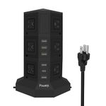 Tower Power Strip Surge Protector 12 AC Outlets Power Board with 5 USB A & PD Tape C port power40W 2M Extention Cord Black Powerjc