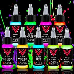 9Color Fluorescent Tattoo Ink Set, 9Pcs Tattoo Ink Color Set,Glow in The Blacklight, Skin-Safe Permanent Tattooing for 3D Makeup Beauty Skin Body Art, 1oz 30ml/Bottle