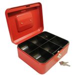 Cathedral Products Key Lockable Cash Box with Lift Out 6 Compartment Coin Tray - 8 Inch - Red