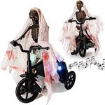 GUTE Animated Moving Skeleton Riding A Bike, Decorations - Lights Up Making Spooky Sounds Noises Large Corpse, Needs 3 AA Batteries, Outdoor - Scary Novelty Decor for Home