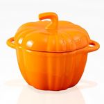 Bruntmor Oven Safe Ramekins - Set of 1 Ceramic Soup Bowls - Pumpkin Shaped Pot with Lid - Dinnerware for Serving or Baking Dish - Candy or Cookie Jar for Fall-Themed Events - 5.6x4.3 inches (Orange)