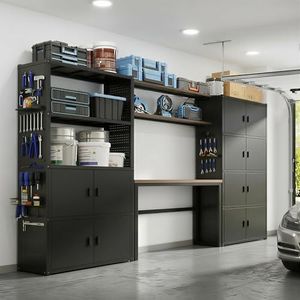FLEXIMOUNTS 117"W Modular Garage Storage Cabinet with Workbench, Black
