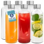 HEFTMAN Glass Bottles with Lids - 6 Pack 500ml Empty Glass Water Bottle Airtight, Leakproof, Stainless Steel Lids - Water, Smoothies, Juice Bottles with Lids & Cleaning Brush for Work, Gym, Home