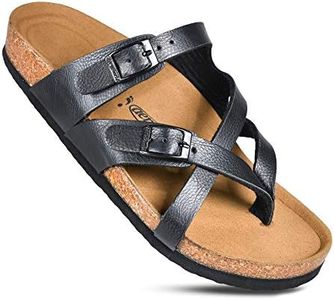 AEROTHOTIC Womens Strappy Slip-On Modern Memory Foam Cushion Footbed Outdoor Adjustable Buckle Cork Footbed Slides for Sandals with Comfortable Arch Support, Celestis Black, 9