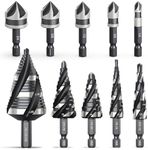 THINKWORK 5 Pcs Four Spiral Flute Step Drill Bit Set & 5 Pcs Countersink Drill Bits with Tool Box, Nitriding HSS Drill Bits for Metal, Aluminum, Wood, Plastic