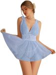 OYOANGLE Women's 2 Piece Polka Dots Lace Sheer Mesh V Neck Babydoll Teddy Lingerie Set Light Blue Medium