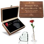 GreenCor Anniversary for Her | Wife | Women – Engraved Wooden Gift Set 'to My Beautiful Wife' Includes Crystal Engraved Heart | 24K Gold Dipped Rose | Birthday |