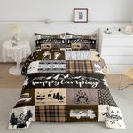 Happy Camping Comforter Set King Size,RV Camper Adventure Tent Patchwork Bedding Set All Season Quilt Set,Rustic Farmhouse Lake Cabin Brown Check Microfiber Polyester Down Comforter