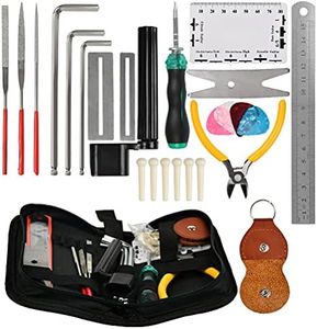 TIMESETL Guitar Repairing Tool Kit with Wire Plier, String Organizer, Fingerboard Protector, Hex Wrenches, Files, String Action Ruler, Spanner Wrench, Bridge Pins for Guitar Ukulele Bass Mandol