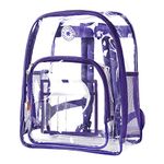 Super Heavy Duty Clear Backpack Durable 0.5mm Vinyl Completely See Through Daypack 17" Transparent Student School Bookbag (Clear/Purple Trim)