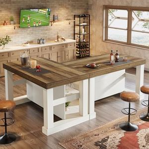 Tribesigns Kitchen Island with 3 Shelves, 55 Inches Width Kitchen Shelf with Large Worktop, Stable Wooden Structure, Farmhouse Style, Easy to Assemble, White and Brown (Set of 2)