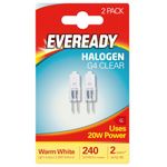 2 x Eveready G4 20W 12V Halogen Capsule Light Bulbs, Dimmable Lamps, 240 Lumen, 2000 Hours Life, Clear Finish