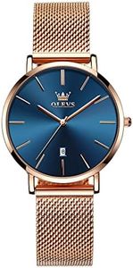 OLEVS Rose Gold Watch for Women Large Face Womens Watches for Small Wrists Blue Dial Stainless Steel Mesh Bracelet Women's Dress Watch with Date Fashion Casual Ladies Watch Waterproof Reloj de Mujer
