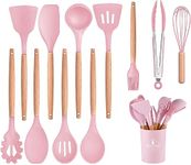 Silicone Kitchen Utensils Set with Holder 12 PCS Cooking Utensils Set with Wooden Handle Heat Resistant Kitchen Gadgets Utensil Set Kitchen Accessories (Pink)