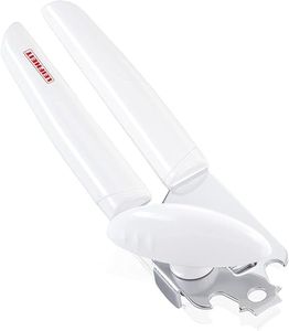 Leifheit Abrelatas Exact en elegante plástico blanco y acero inoxidable, abrelatas de seguridad con borde de corte endurecido, el abridor incluye accesorio para abrir botellas.