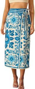 Talakeno Womens Floral Wrap Midi Skirt Summer Adjustable Tie Side Casual High Waist A Line Beach Boho Long Flared Skirts(Blue,S)