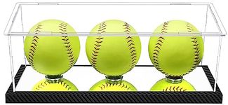 Softball Display Case for 3 Pack in one, Arcylic Softball Holder Stand UV Protected Clear Display Cube for Softball Baseball Tennis Ball Sports Ball Storage with Carbon Fiber Skin Base and Mirror Base