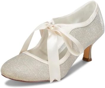 JIAJIA 140311 Women's Bridal Shoes Closed Toe Stiletto Heel Lace Satin Pumps Ribbon Tie Wedding Shoes Color Gold,Size 10.5 B(M) US/42 EU