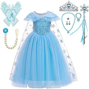 Lito Angels Déguisement Robe de Princesse Elsa Reine des Neiges avec Accessories pour Fille Enfant, Anniversaire Fete Carnaval Costume, Taille 9-10 Ans, Bleu