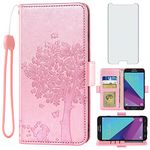 Asuwish Compatible with Samsung Galaxy J3 Luna Pro J 3 Prime 2017 Emerge 3J Eclipse Mission Wallet Case Tempered Glass Screen Protector Flip Card Holder Cell Phone Cover for Glaxay S327VL Rose Gold