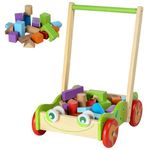 Baby Wooden Walker with Wooden Bricks Blocks Activity Cart Learning Toddler Educational Colourful Toy