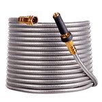 scriptract 50’304 Stainless Steel Garden Hose with Free Removable Brass Nozzle Lightweight Metal Hose - Portable Durable and Resistant to Knots, Tangles and Punctures (50)