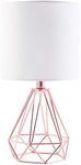 VONLUCE 18” Modern Table Lamp Geometric Wire Cage Desk Lamp with Rose Gold Hollowed Out Reinforced Metal Base, White Fabric Shade, Nightstand Accent Lamp for Bedroom Bedside Living Room, UL Certified