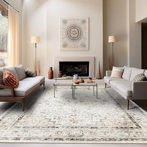 Area Rugs for Living Room Non-Shedding Boho Rug for Bedroom 0.3inch Vintage Washable Non-Slip Back Carpet for Home Office and Other High Traffic Areas (Ivory Light Orange, 9 * 12)