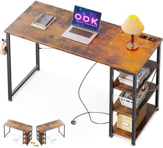 ODK Escritorio Pequeño, Mesa Escritorio para Ordenador con 3 Enchufes y Puerto de Carga USB, Escritorio para PC de 3 Estantes Reversibles para Estudio, Oficina en Casa (120x40x75cm, Marrón)