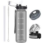 OLDLEY 1L/32oz Sports Water Bottle with 2 Different Lids, 1000ml Motivational Drinks Bottle with Time Markings Leak Proof Drink & Lock Cover, BPA Free for Gym School Cycling Running Hiking