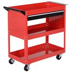 HOMCOM Rolling Tool Cart with Wheels, 132 LBS Capacity Steel Utility Cart with Ball Bearing Drawer, Trays, Tool Chest for Garage, Warehouse, Workshop, Red