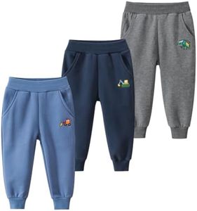 GFQLONG Toddler Boys 3 Pack Cotton Active Jogger Pants, Kids Cartoon Sweatpants Casual Lounging Bottoms, Excavator+ Bulldozer+ Bus 5-6T