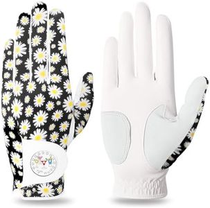 FINGER TEN Golf Gloves Women Left Right Hand Leather with Bling Ball Marker Value Pack, Colored Glove for Right Left Handed Golfer All Weather Grip (Full-Daisy, Large, Left)