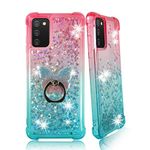 Zase Samsung Galaxy A02S A03S Clear Case Liquid Glitter Sparkle Bling Cute Girls Shockproof Cover Compatible w/Galaxy A02s Floating 3D Butterflies Quicksand w/Phone Ring Holder (Gradient Pink Aqua)