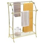 mDesign Free Standing Towel Rack – Large Towel Holder with Shelf for Bathroom Accessories – Metal Towel Rail with Multiple Hanging Bars – Brass