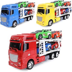 TURBO CHALLENGE - 097280 Friction Transport Cart and 4 Sports Cars with Free Wheels - Red, Blue, Green and Orange - Truck 50 cm - Plastic - from 3 Years