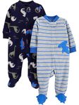 Simple Joys by Carter's Baby 2-Pack Fleece Footed Sleep and Play Toddler Sleepers, Blue Dinosaur/Grey Stripes, 0 Months (Pack of 2)