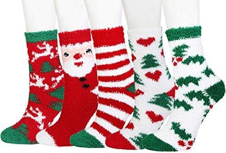 Fuzzy Socks for Women Fluffy Plush Crew Cozy Slipper Socks for Girls Warm for Winter 5-6 Pairs, Christmas Themed, One Size