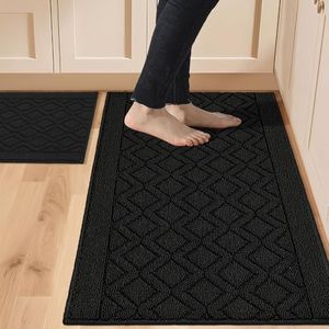 48x20 Inch/30X20 Inch Kitchen Rug Mats Made of 100% Polypropylene 2 Pieces Soft Kitchen Mat Specialized in Anti Slippery and Machine Washable,Black