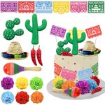 25 PCS Mexican Fiesta Cake Topper Mini Mexican Papel Picado Banner Cactus Pepper Sombrero and Flower Cake Decor for Mexican Themed Party Decorations