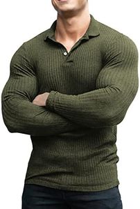 COOFANDY Men's Stretch Muscle Tshirts Long Sleeve Knit Tees Casual Slim Fit Polo Shirts, Army Green