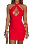 popiv Women's Sexy Mini Dress Criss Cross Bodycon Ruched Halter Neck Party Club Dress Red