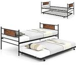 RELAX4LIFE Metal Bed Frame with Trundle, Twin Size Mattress Foundation with Wood Headboard & Metal Slat Support, Space-Saving Daybed Sofa Bed for Living Room Guest Room, No Box Spring Needed