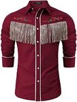 TURETRENDY Men's Western Cowboy Fringe Shirts Long Sleeve Embroidered Slim Fit Casual Button Down Shirts, Red-1, XX-Large