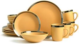 Bestone 16 Piece Round Kitchen Dinnerware Set,Plates and Bowls sets,Dishes, Plates, Bowls, Mugs, Dish Set，Plates and Bowls,Service for 4, Stoneware (round, yellow and gold rim)