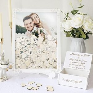 OurWarm Wedding Guest Book Alternative, White Wooden Frame Drop Box with Stand, 71 Hearts, and Plywood Box, Signs for Reception Ceremony Clear (H-QD-XK-WH-1@#613)