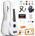 ADM Soprano Ukulele for Beginners 21 Inch Hawaiian Wood Ukelele Kit for Kids Adult Student Starter Professional Ukalelee Pack Bundle with Free Lessons Gig Bag Strap Nylon String Tuner Pick (White)