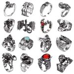 JeryWe 16 Pcs Vintage Punk Rings for Women Men Gothic Rings Snake Dragon Owl Skull Rings Hippie Biker Rings Adjustable Rings Set